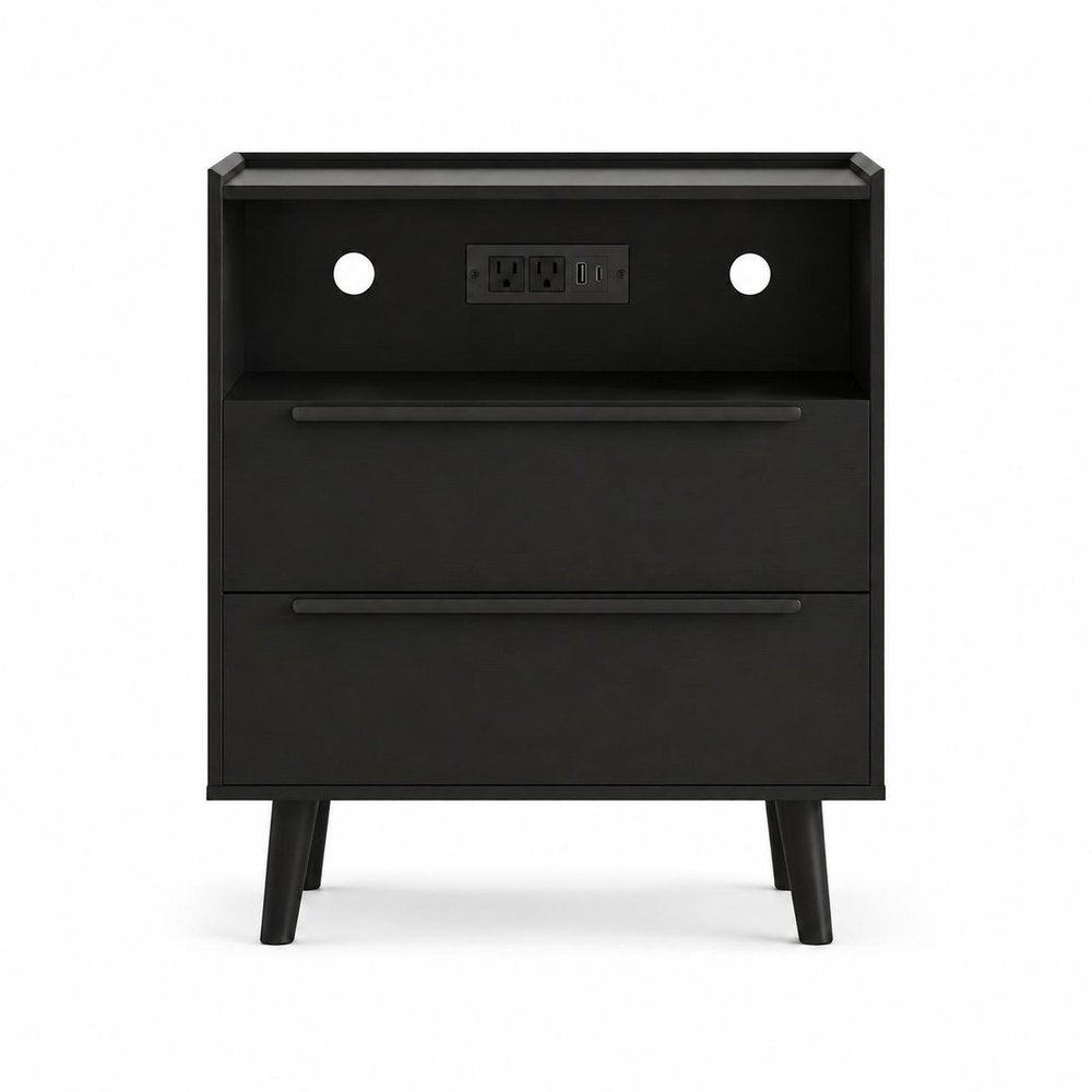 26" Black Wood Two Drawer Nightstand with USB Port and Integrated Tech HomeRoots