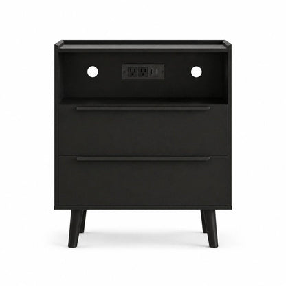 26" Black Wood Two Drawer Nightstand with USB Port and Integrated Tech