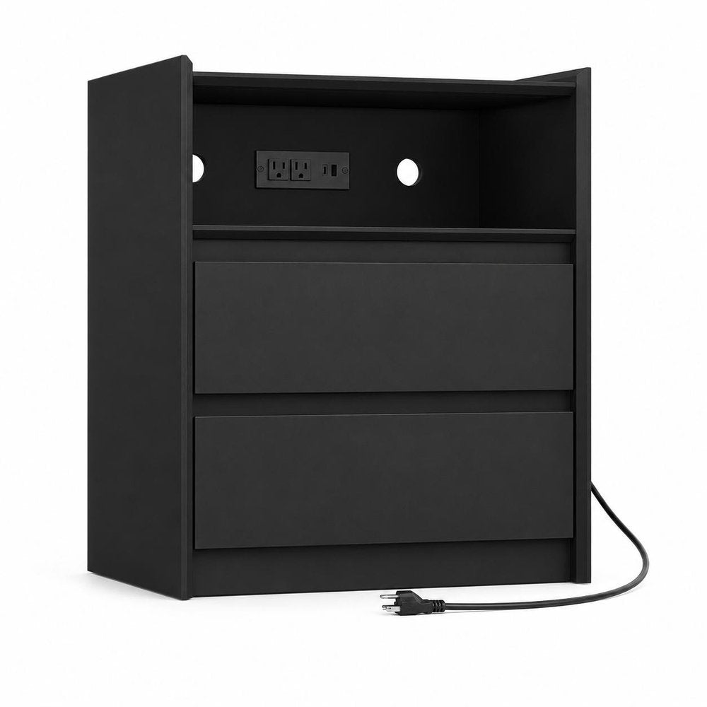 24" White Wood Two Drawer Nightstand with USB Port and Integrated Tech — view 7