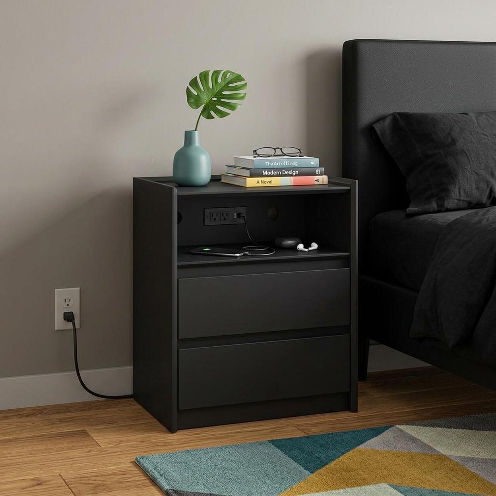 24" White Wood Two Drawer Nightstand with USB Port and Integrated Tech HomeRoots