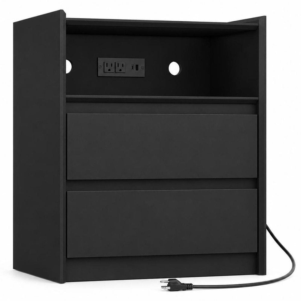 24" White Wood Two Drawer Nightstand with USB Port and Integrated Tech HomeRoots