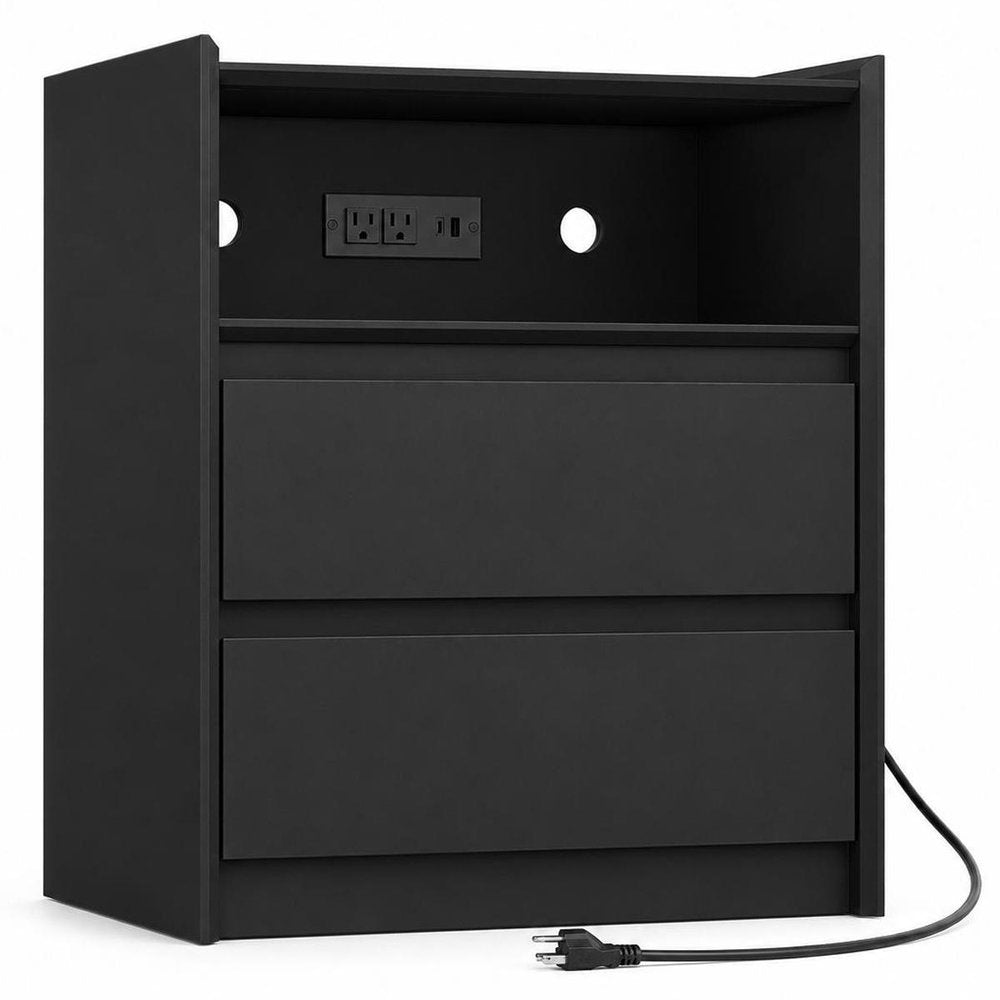 24" White Wood Two Drawer Nightstand with USB Port and Integrated Tech — view 12