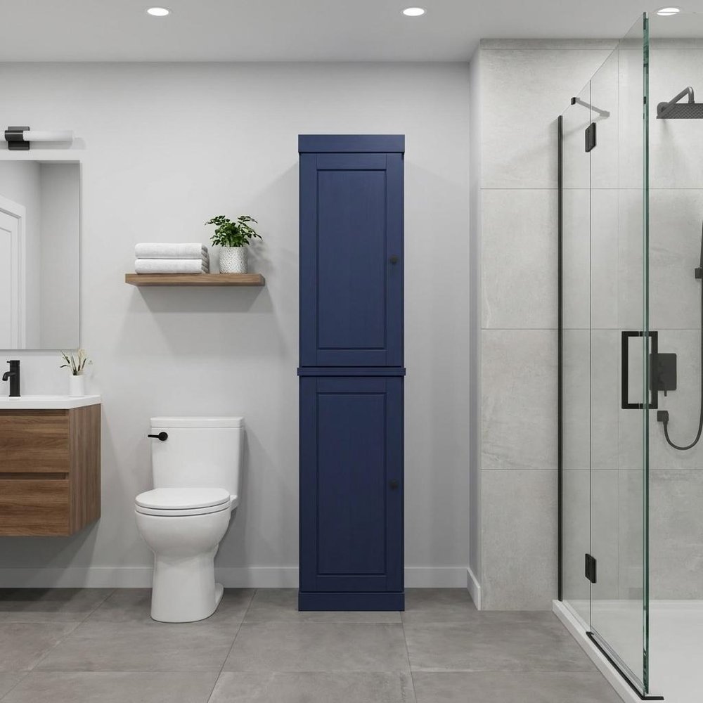 17" Navy Blue Solid Wood Double Door Linen Cabinet HomeRoots