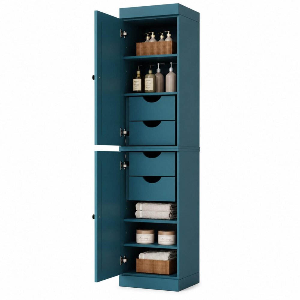 17" Teal Blue Solid Wood Double Door Linen Cabinet HomeRoots