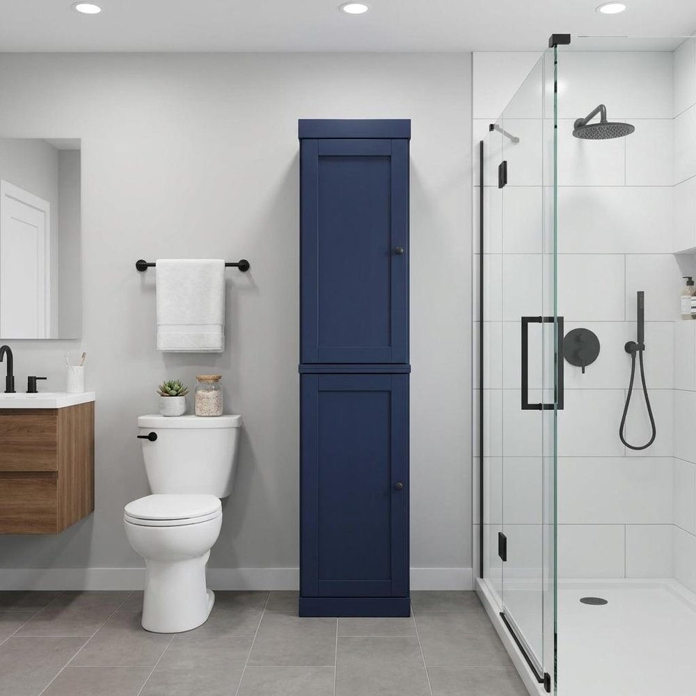 17" Navy Blue Solid Wood Double Door Linen Cabinet — view 4