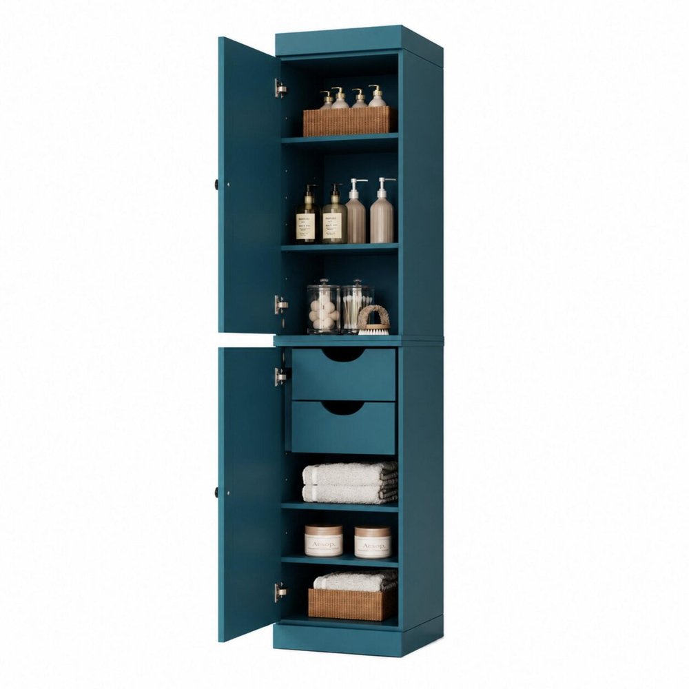 17" Teal Blue Solid Wood Double Door Linen Cabinet HomeRoots