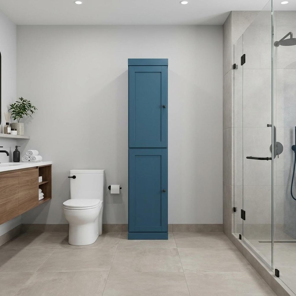 17" Teal Blue Solid Wood Double Door Linen Cabinet — view 1