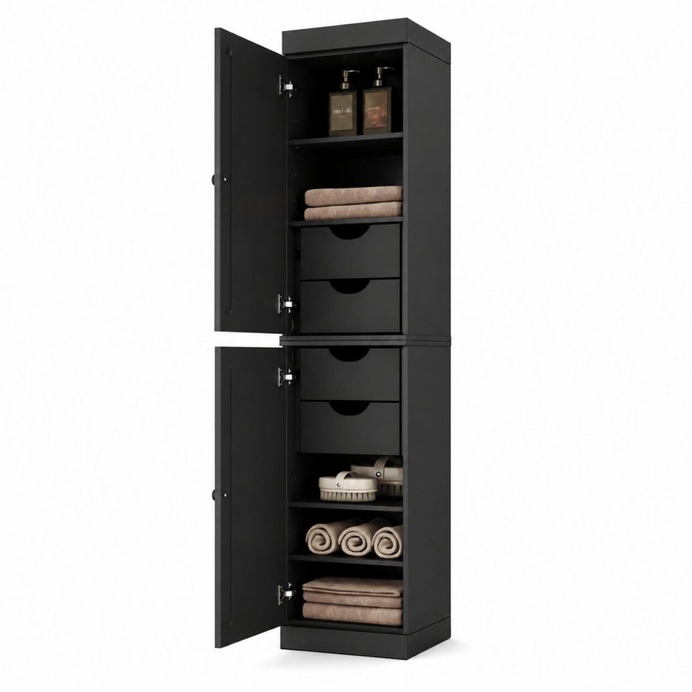 17" Black Solid Wood Double Door Linen Cabinet HomeRoots