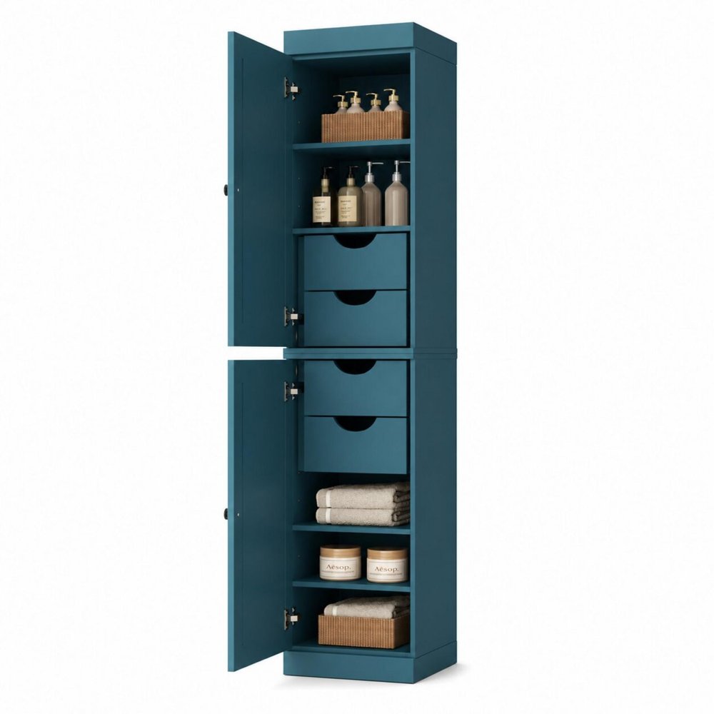 17" Teal Blue Solid Wood Double Door Linen Cabinet HomeRoots