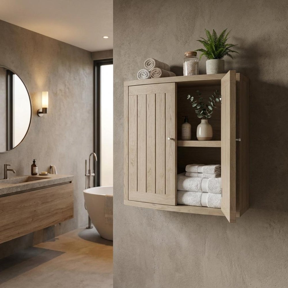 24" Natural Solid Wood Wall Mounted No Textural Detailing Double Door Bathroom Cabinet — view 1