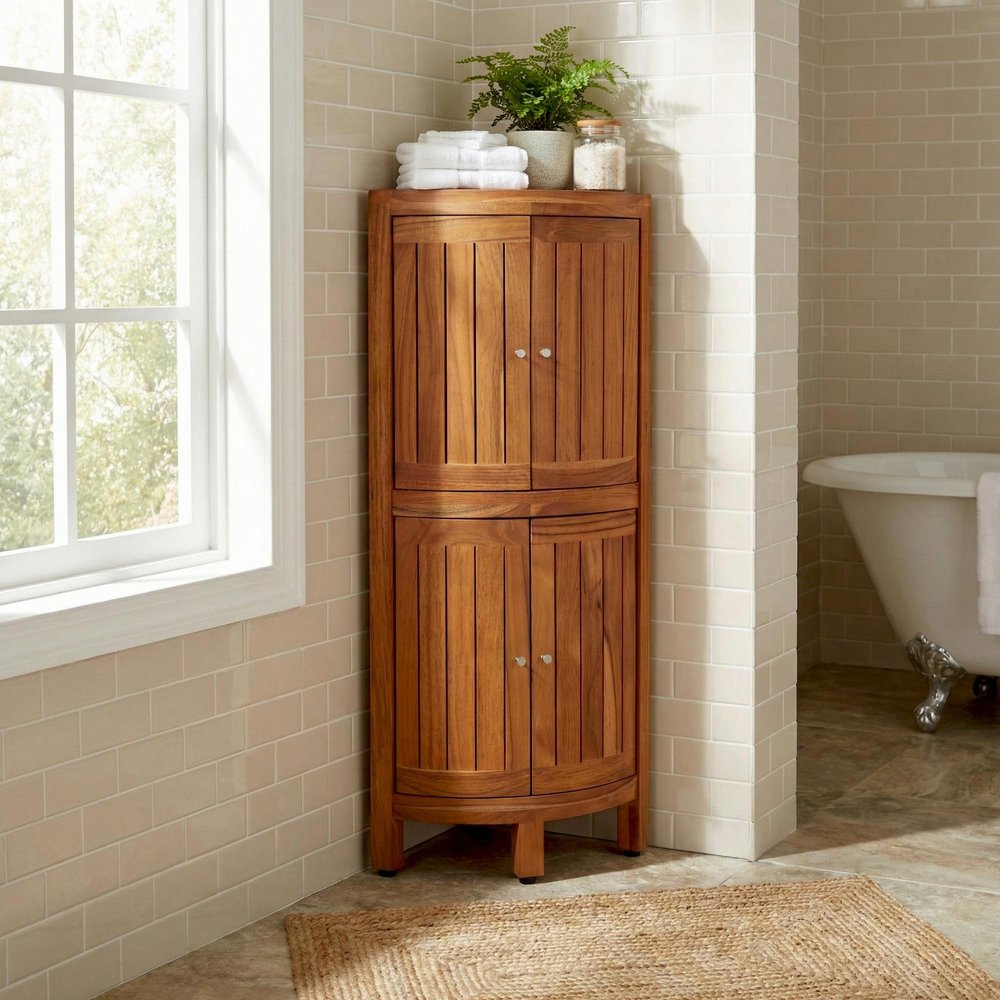 12" Brown Solid Wood Double Door Bathroom Cabinet — view 5