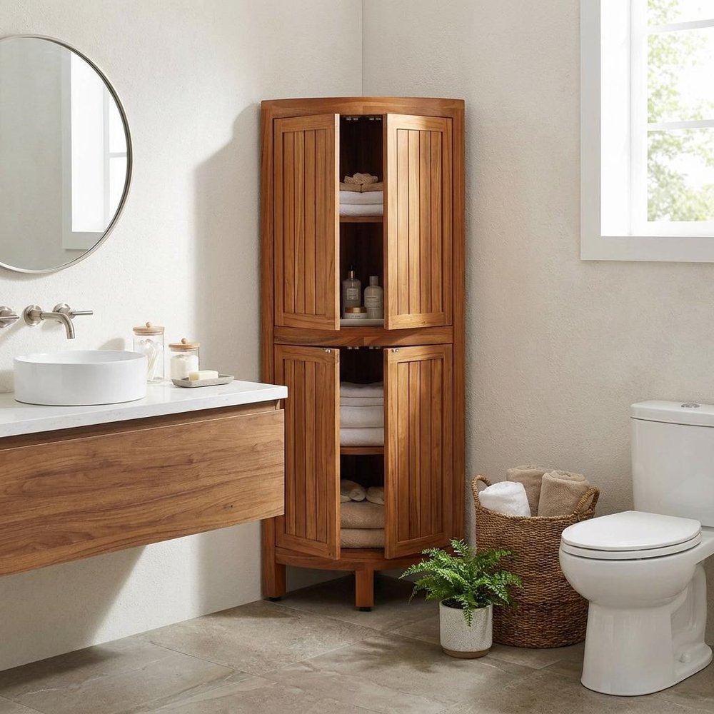 12" Brown Solid Wood Double Door Bathroom Cabinet — view 1