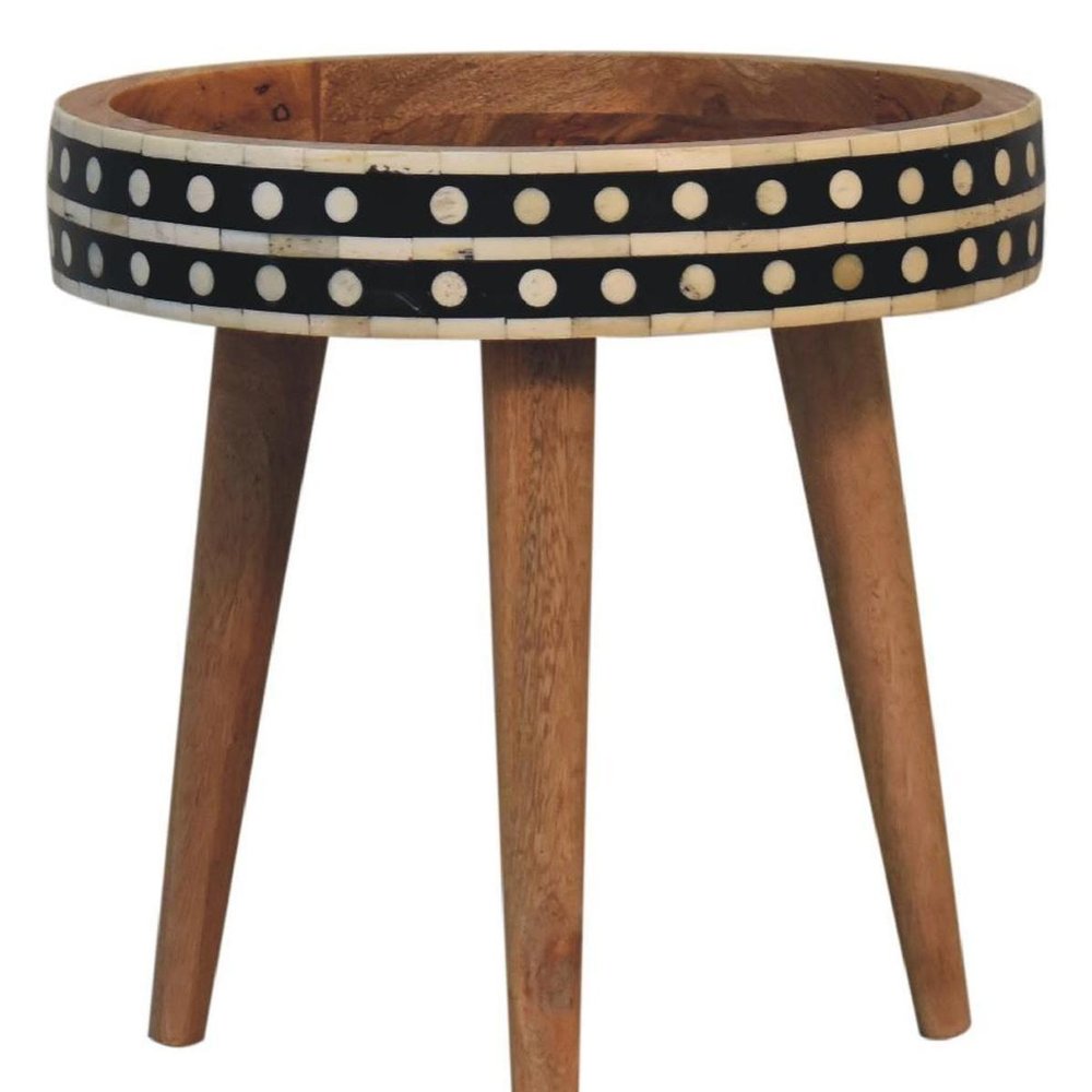 14" Brown Black And White Solid Wood And Bone Inlay Round End Table — view 7