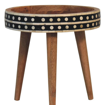 14" Brown Black And White Solid Wood And Bone Inlay Round End Table