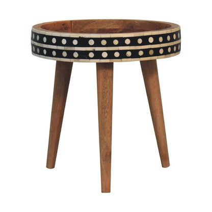 14" Brown Black And White Solid Wood And Bone Inlay Round End Table