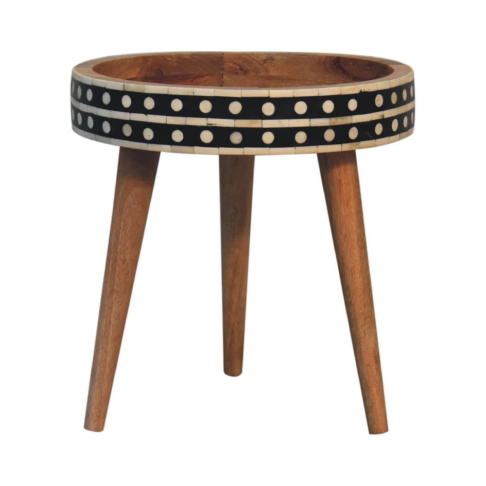 14" Brown Black And White Solid Wood And Bone Inlay Round End Table