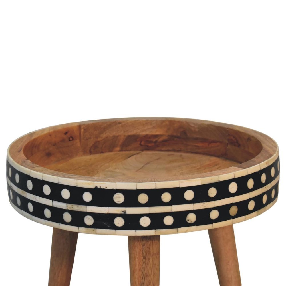 14" Brown Black And White Solid Wood And Bone Inlay Round End Table — view 4