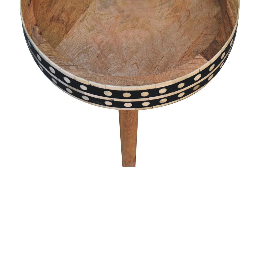 14" Brown Black And White Solid Wood And Bone Inlay Round End Table — view 5