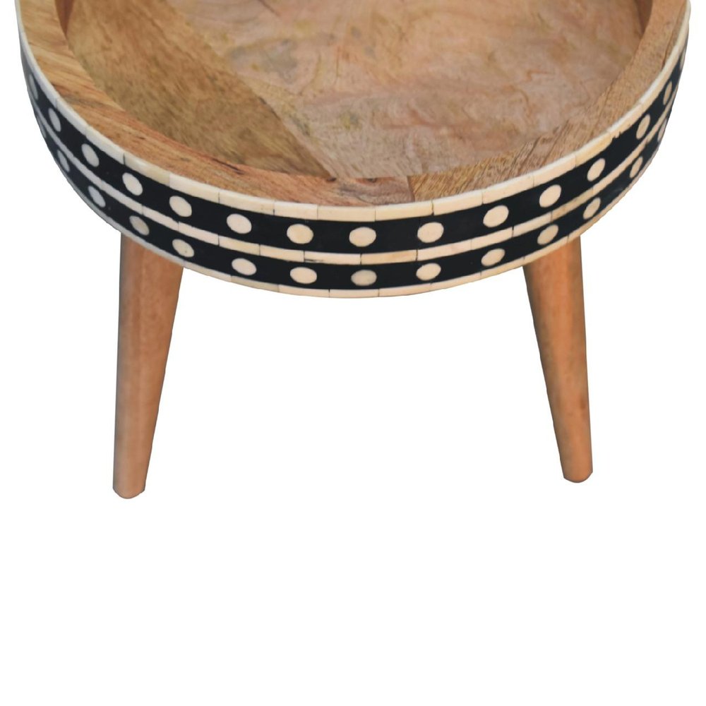 14" Brown Black And White Solid Wood And Bone Inlay Round End Table — view 6