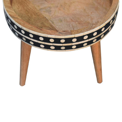 14" Brown Black And White Solid Wood And Bone Inlay Round End Table