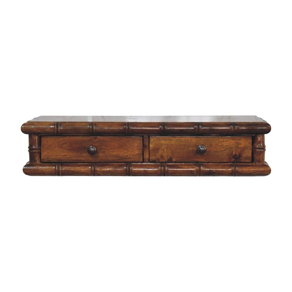 32" Chestnut Solid Wood Floating Wall Mount Console Table With Two Drawers — view 1