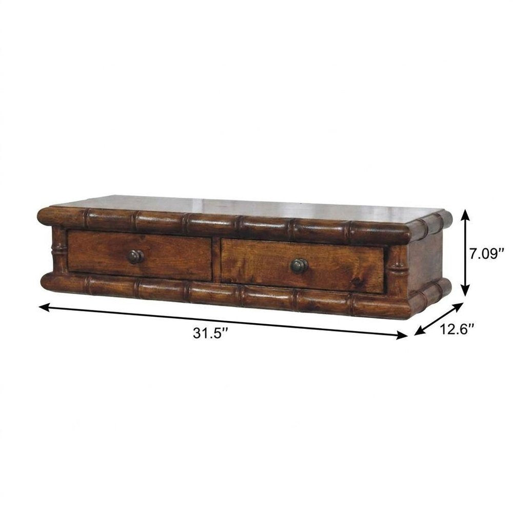 32" Chestnut Solid Wood Floating Wall Mount Console Table With Two Drawers — view 4