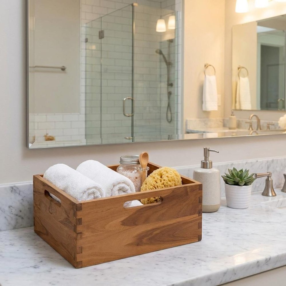 13" Brown Solid Wood Bathroom Storage Furniture Set — view 1