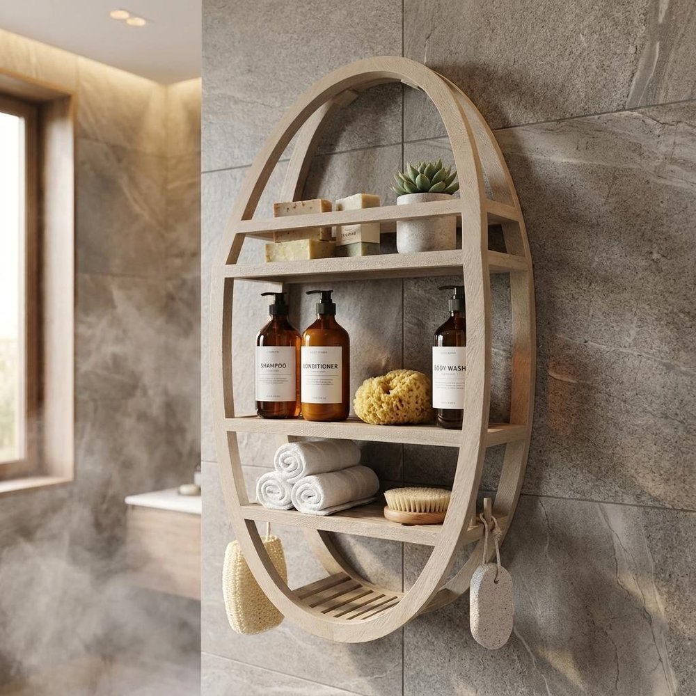 25" X 13" Brown Solid Wood Wall Mounted Shower Caddy