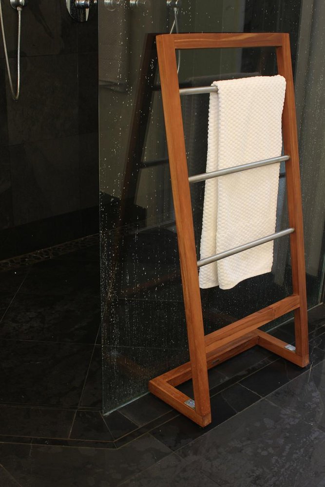 45" Brown And Silver Stainless Steel And Teak Towel Stand HomeRoots