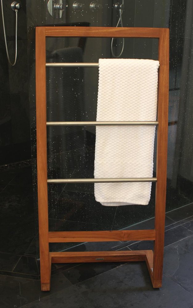 45" Brown And Silver Stainless Steel And Teak Towel Stand — view 4