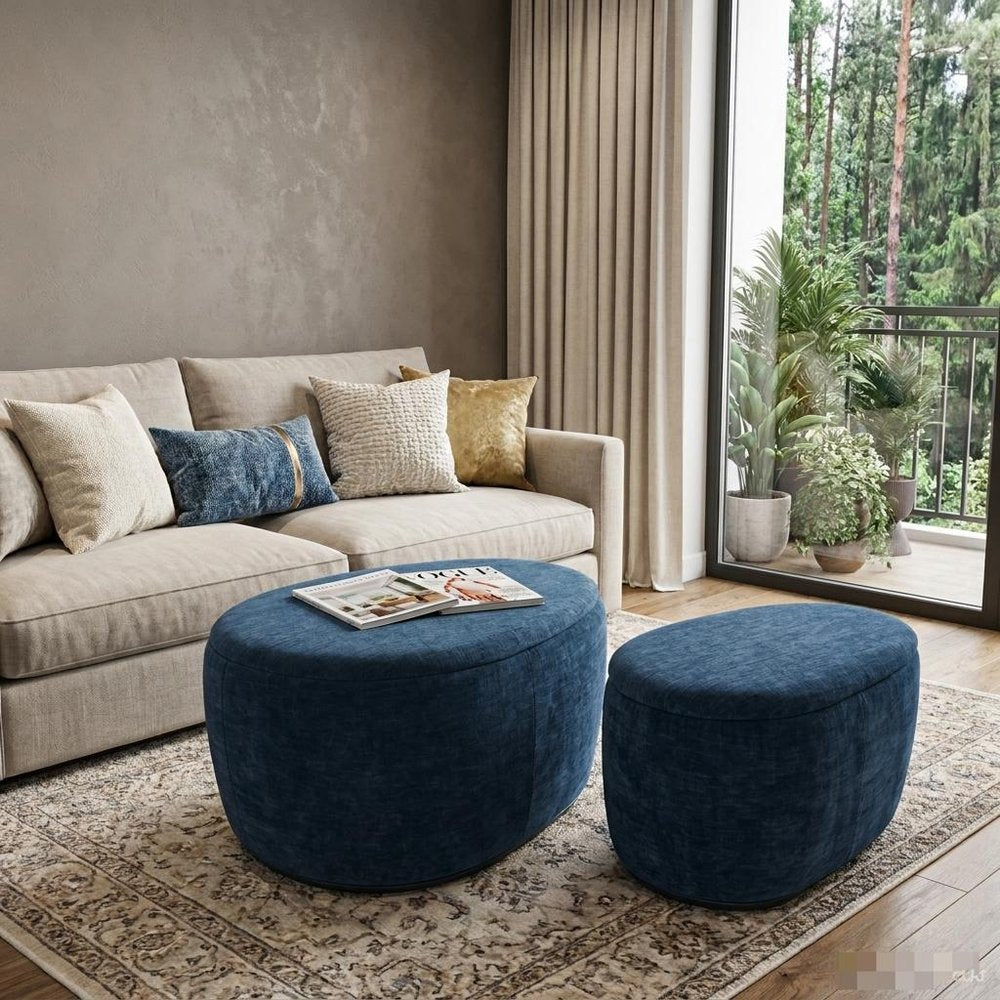 34" Set of Two Gold Chenille Oval Ottoman With Storage — view 9