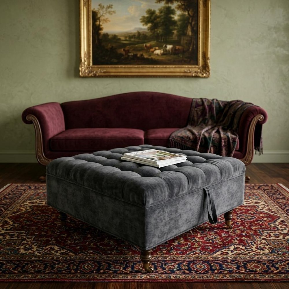 34" Gray And Black Rolling Chenille Tufted Ottoman With Storage HomeRoots