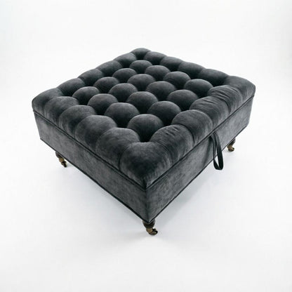 34" Gray And Black Rolling Chenille Tufted Ottoman With Storage HomeRoots