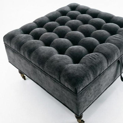 34" Gray And Black Rolling Chenille Tufted Ottoman With Storage HomeRoots