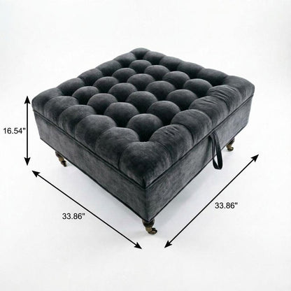 34" Gray And Black Rolling Chenille Tufted Ottoman With Storage