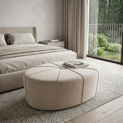 48" Cream and Black Cotton Blend and Linen Blend Tufted Oval Footstool HomeRoots