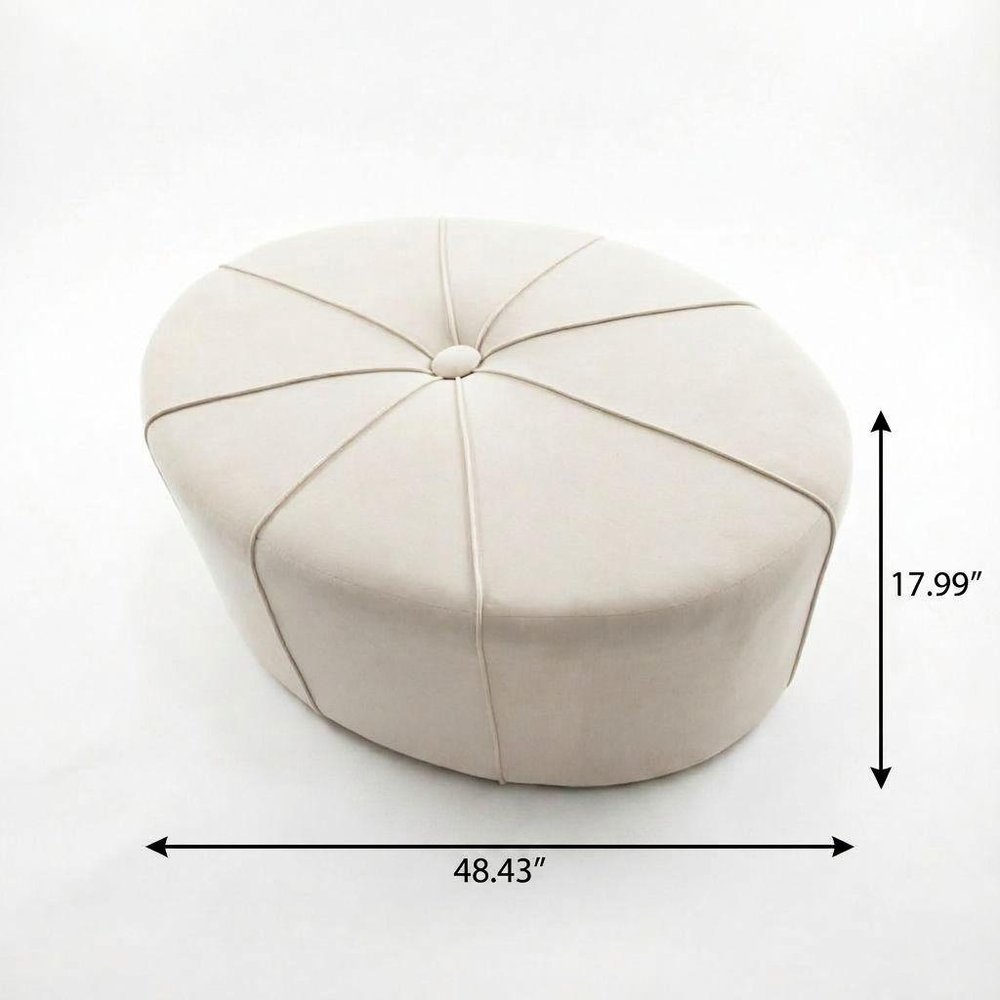 48" Cream and Black Cotton Blend and Linen Blend Tufted Oval Footstool — view 6