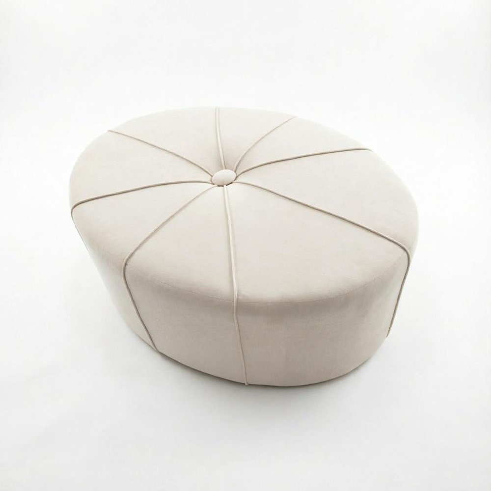 48" Cream and Black Cotton Blend and Linen Blend Tufted Oval Footstool — view 1