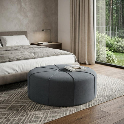 48" Cream and Black Cotton Blend and Linen Blend Tufted Oval Footstool HomeRoots