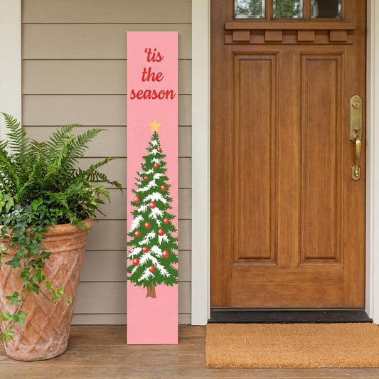 47" Pink And Green Solid Wood Christmas Christmas Tree Porch Sign
