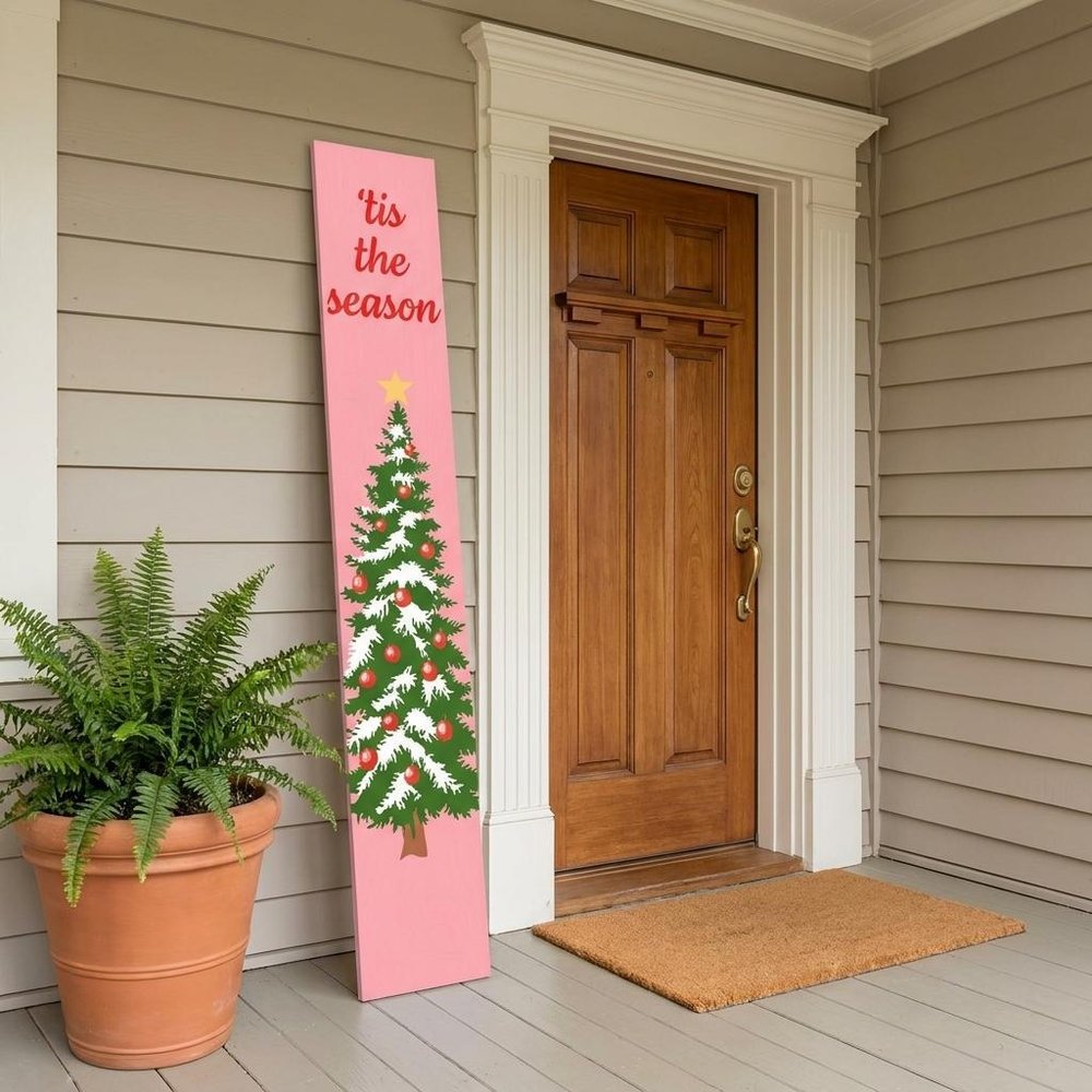 59" Green Pink And White Solid Wood Christmas Christmas Tree Porch Sign HomeRoots