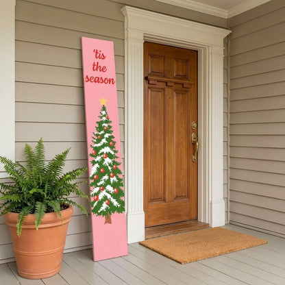 59" Green Pink And White Solid Wood Christmas Christmas Tree Porch Sign HomeRoots