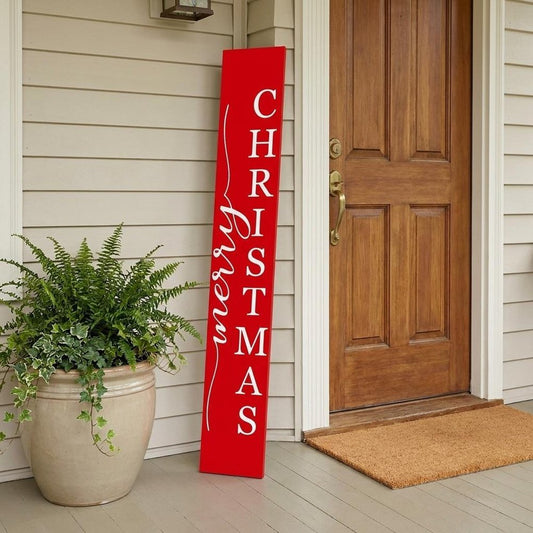 59" Red And White Solid Wood Merry Christmas Christmas Snow Scene Porch Sign