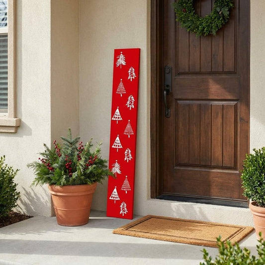 47" Red And White Solid Wood Christmas Christmas Trees Porch Sign