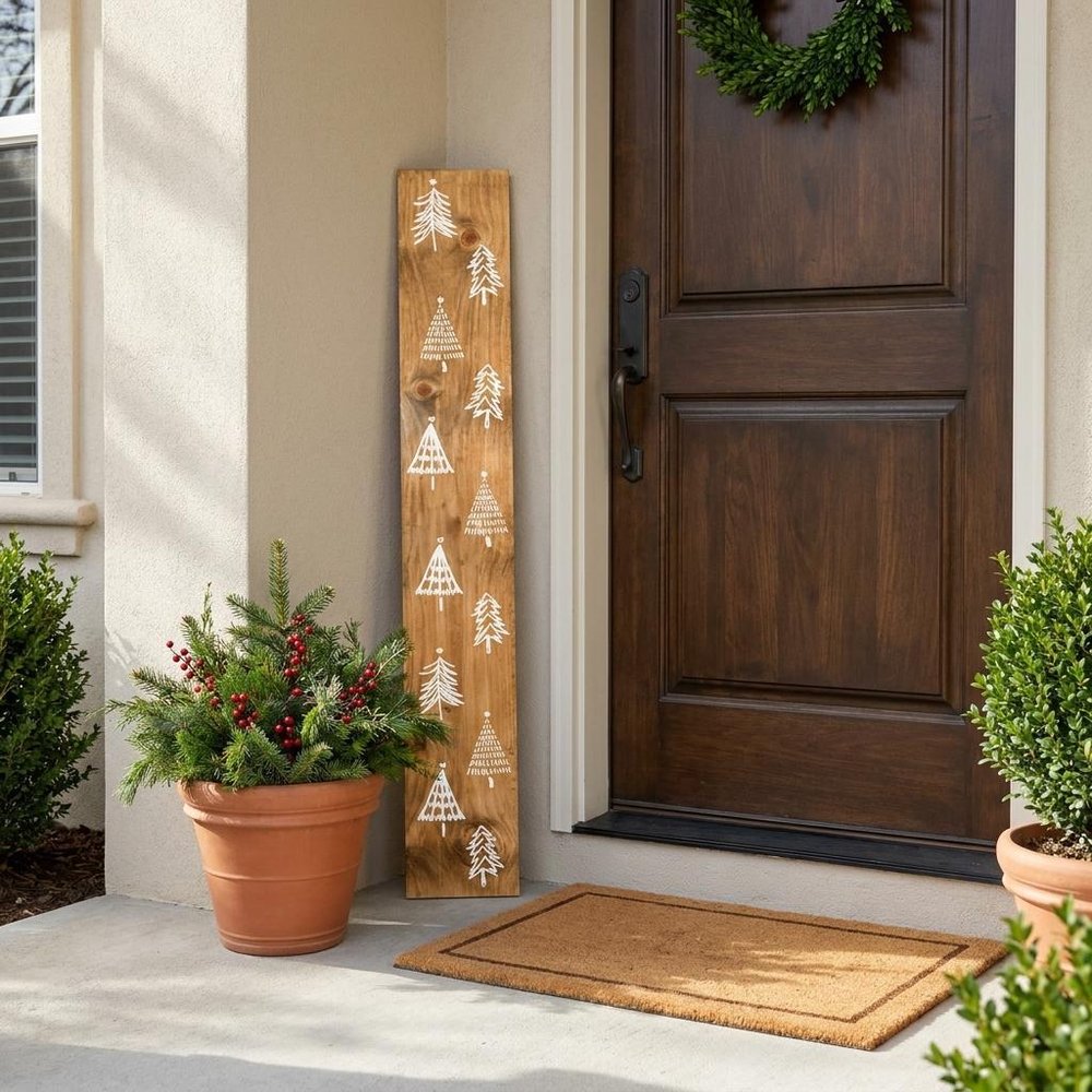 47" Tan And White Solid Wood Christmas Christmas Trees Porch Sign — view 1