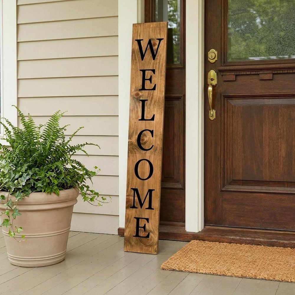 59" Black And Natural Solid Wood Welcome Porch Sign HomeRoots