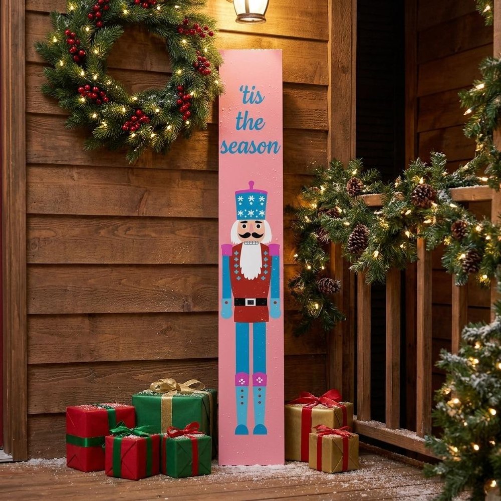 47" Blue And Pink Solid Wood Tis The Season Christmas Nutcracker Porch Sign HomeRoots