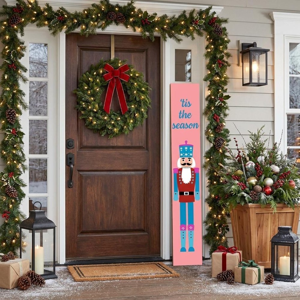 47" Blue And Pink Solid Wood Tis The Season Christmas Nutcracker Porch Sign HomeRoots