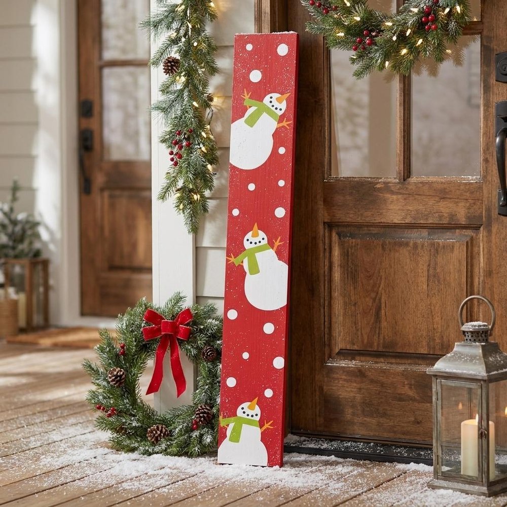 47" Red And White Solid Wood Snowman Porch Sign HomeRoots