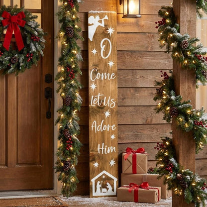 59" Natural And White Solid Wood Christmas Nativity Porch Sign